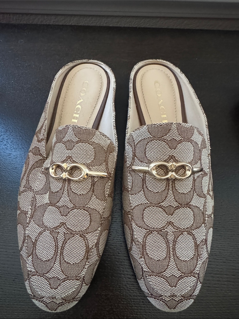 Coach Men's Tan/Brown Signature Canvas Slip-On Loafers with Gold Hardware